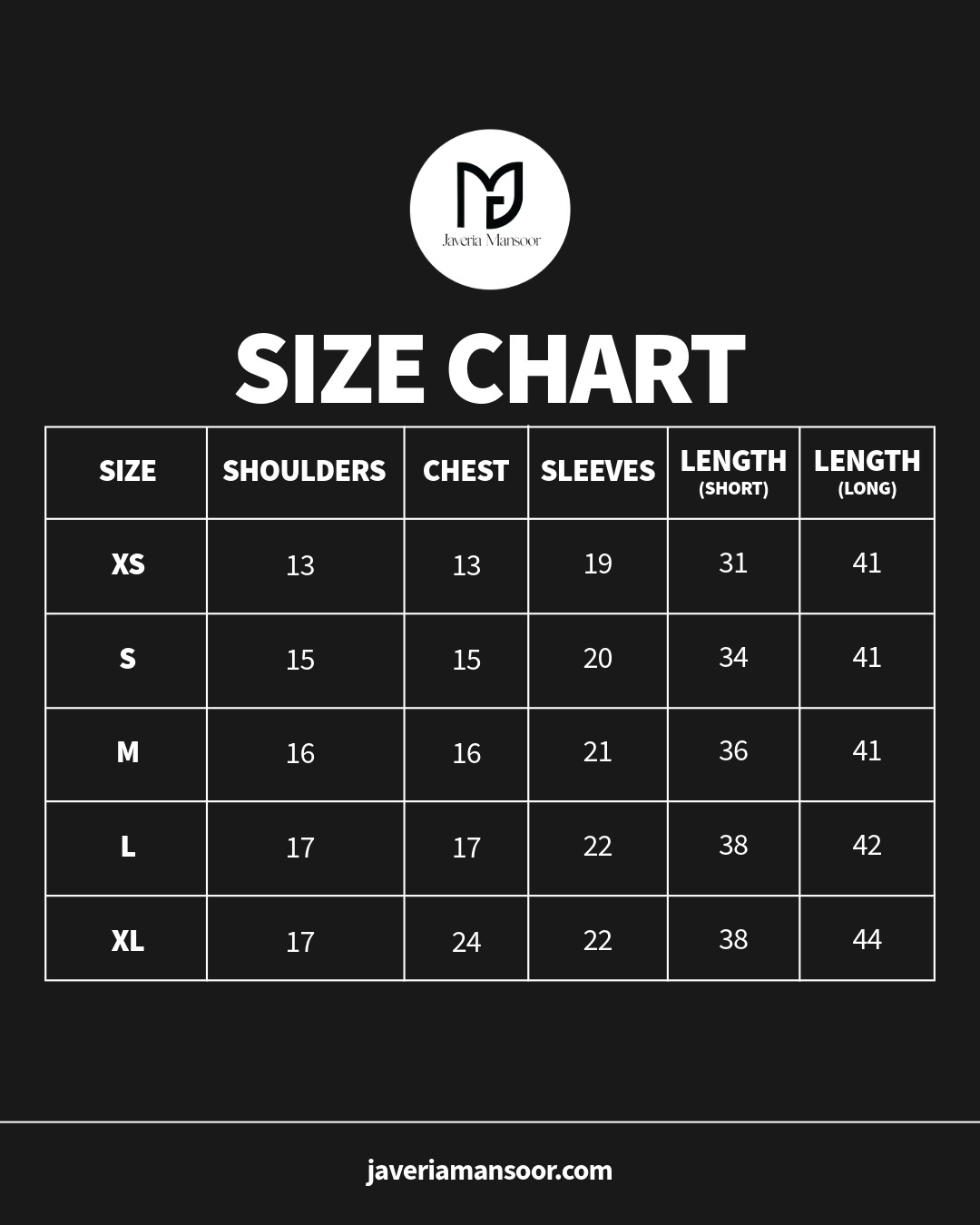 Product Size Chart